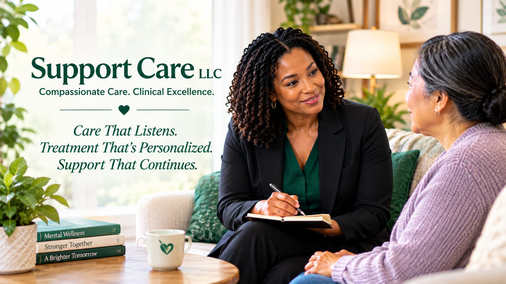 Dr. Renie Tazisong taking notes during a relaxed home consultation, with Support Care LLC's care philosophy