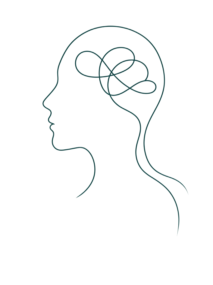 Continuous line illustration of a person's profile with a calm, flowing mind